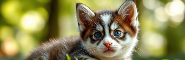Cute kitten with striking blue eyes relaxing in nature during a sunny day photo