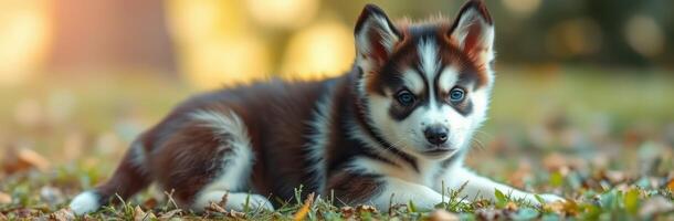 Cute husky puppy relaxing on a bed of autumn leaves in a sunny park during warm afternoon photo