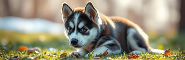 Husky puppy playing on grass during a sunny afternoon in a natural setting photo