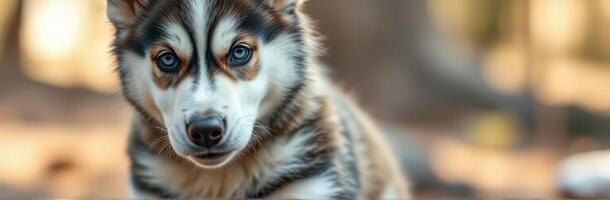 Adorable husky puppy playing in a sunlit forest during early morning hours photo