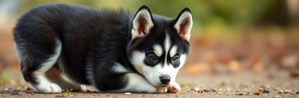 Cute husky puppy lying on a pathway surrounded by autumn leaves during a late afternoon photo