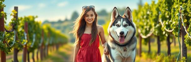 Girl with husky dog walking through vineyard on a sunny day photo