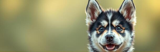 Adorable puppy with expressive eyes poses playfully against a soft blurred background in a warm, sunny setting photo