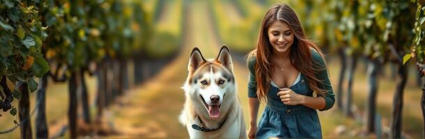 Woman walking a dog in a vineyard during a sunny afternoon, enjoying the beautiful landscape and nature photo