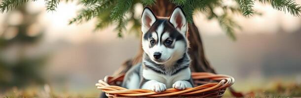 Cute husky puppy resting in a basket under a tree during golden hour in a serene outdoor setting photo