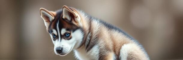 Charming husky puppy with striking blue eyes playing outdoors in soft natural light photo