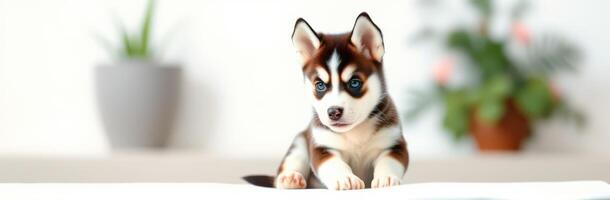 Cute husky puppy playing indoors in a bright and cozy living room during daylight hours photo