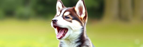 Happy husky puppy enjoying a sunny day in a grassy park with a joyful expression and open mouth photo