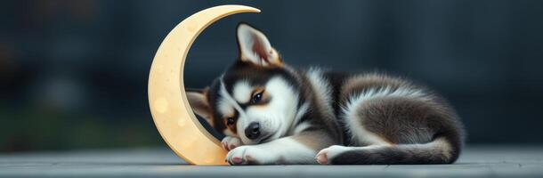 Cute husky puppy sleeping beside a crescent moon decoration in a cozy indoor setting photo