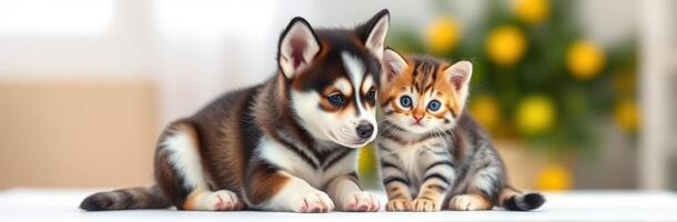 Cute puppy and kitten cuddling together indoors near flowers in a sunny room photo