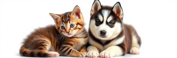 Cute kitten and husky puppy cuddling together in a cozy indoor setting showcasing their playful friendship photo
