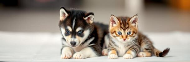 Playful puppy and kitten share a cozy moment at home during the afternoon photo
