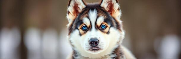 Playful husky puppy with striking blue eyes posing for a close-up in a wintry landscape photo