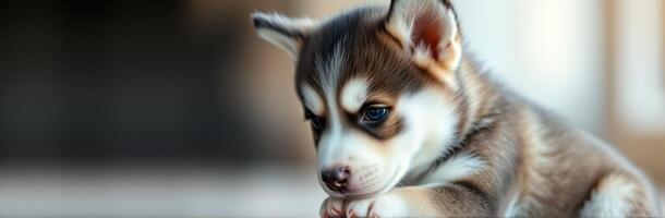 Playful husky puppy explores its surroundings indoors during a sunny afternoon photo