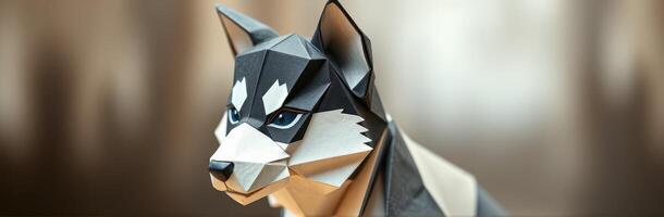 Detailed origami representation of a husky dog showcasing intricate folding techniques and colors photo