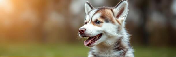 Happy young dog playing in a park during golden hour with a blurred natural background photo