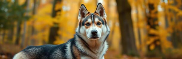 Husky dog resting in vibrant autumn forest with golden leaves during late afternoon sun photo
