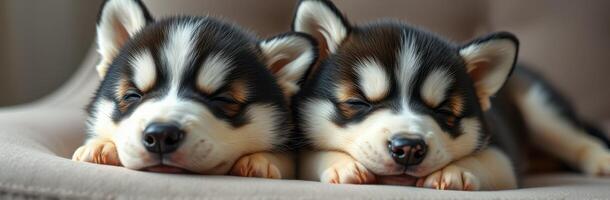 Two adorable sleeping puppies resting peacefully on a soft surface in a cozy indoor setting photo
