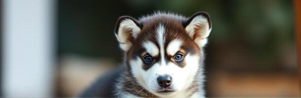 Cute husky puppy with blue eyes looking directly at the camera in a relaxed outdoor setting during daytime photo