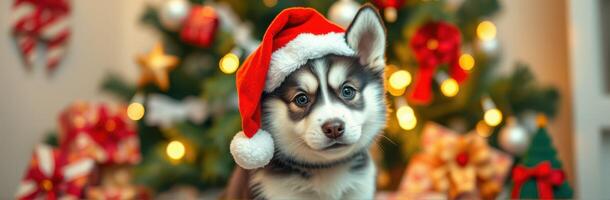 Adorable husky puppy wearing Christmas hat poses in front of festive decorated tree with colorful ornaments and lights photo