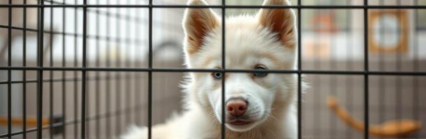 Cute white puppy looking through a cage in a bright indoor space during the day photo