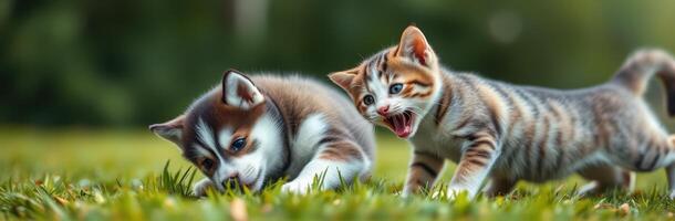 Playful kittens and puppies enjoy a lively afternoon on the grass in a sunny park photo