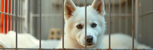 White puppy looking through bars of cage in animal shelter during afternoon photo