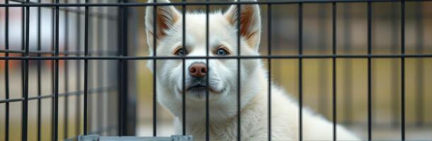 White dog looking out from a metal cage in a shelter during a cloudy day photo