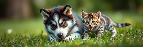 Playful puppy and curious kitten explore a sunny green garden together in the afternoon light photo