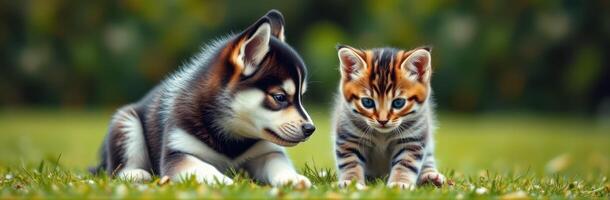 Playful puppy and curious kitten enjoying a sunny afternoon in a lush green park together photo