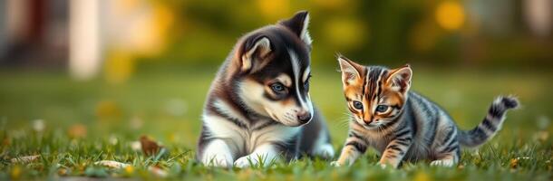 Cute puppy and kitten playing together in a sunlit garden during the afternoon photo