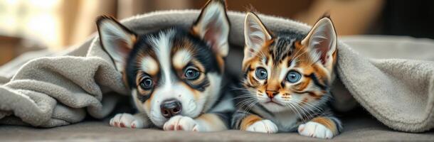 Cute Puppy and Kitten Snuggling Together Under a Cozy Blanket - Adorable Furry Friends Cuddling Indoors photo