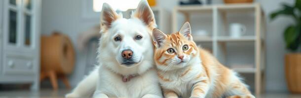 Dog and Cat Duo Cuddling Indoors. Adorable Furry Friends Enjoying a Relaxing Afternoon at Home photo