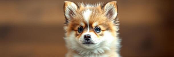 Adorable Pomeranian Puppy Portrait. Cute and Fluffy Dog with Blue Eyes on Brown Background photo