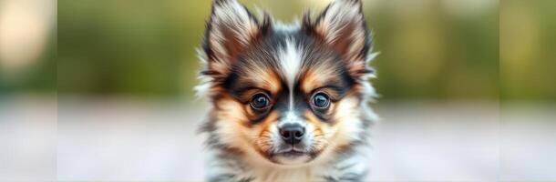 Cute and Adorable Puppy Portrait. Fluffy Tiny Pomeranian with Blue Eyes in Closeup Outdoors photo