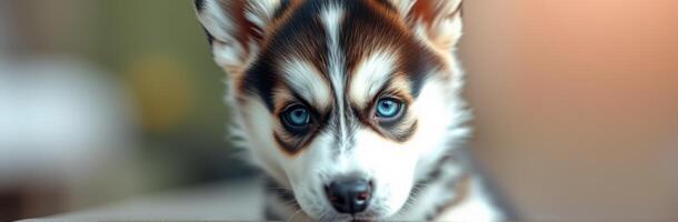 Cute and Adorable Siberian Husky Puppy with Blue Eyes in a Soft Focus Nature Setting photo