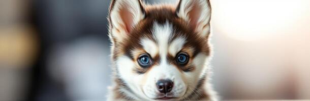 Adorable Close-Up Portrait of a Fluffy Puppy with Charming Blue Eyes - Cute Siberian Husky Featuring Soft Fur and Playful Expression photo