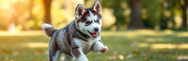 Playful Siberian Husky Puppy Running in a Sunny Spring Park with Lush Green Grass and Joyful Energy photo