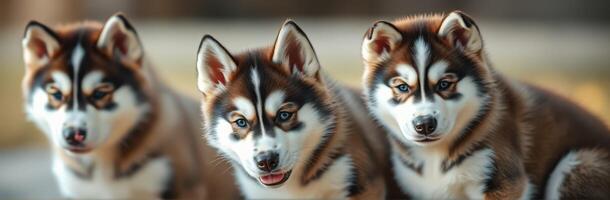 Husky Puppies Playing in Nature. Adorable Fluffy Fur with Blue Eyes and Happy Expressions photo