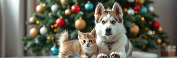 Cute Dogs and Cats Celebrate Christmas Together Under a Festive Tree with Colorful Lights and Ornaments photo