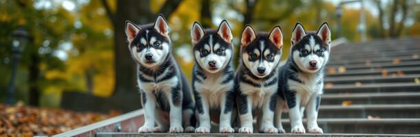 Cute Puppies and Playful Huskies Gathered on a Staircase in a Beautiful Autumn Forest Setting photo