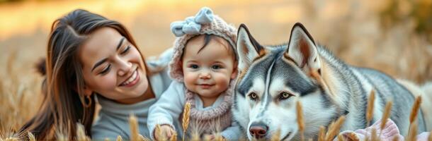 Happy Family Bonding Outdoors. Mother and Child with Cute Baby Girl and Pet Husky in Sunny Field of Wheat photo