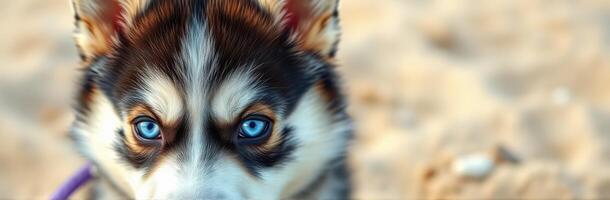 siberian husky puppy close-up portrait with blue eyes in sandy beach setting, showcasing adorable cuteness, furry texture, and intense gaze for dog lovers photo