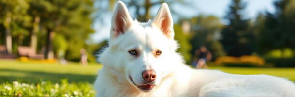 White Siberian Husky Sitting in Lush Green Park - Happy Dog Companion Enjoying Sunny Springtime Outdoors photo