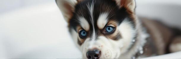 Siberian Husky Puppy with Blue Eyes. Adorable Close-Up Animal Portrait of a Playful and Cuddly Dog photo
