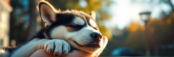 Cute and Adorable Puppy Sleeping in Nature's Warm Light - Close-Up Portrait of a Relaxed Young Dog with Fluffy Fur and Happy Expression photo