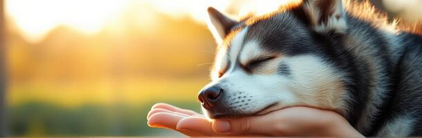 Sleeping Puppy in Sunlight. Cozy and Calm Huskie Fur Friend Cuddling for Tenderness and Relaxation in Nature photo