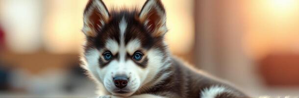 Puppy Portrait of an Adorable Siberian Husky with Blue Eyes Against a Sunset Background photo