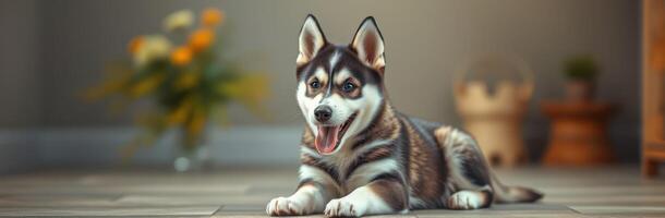 Happy Smiling Husky Puppy Relaxing Indoors on Hardwood Floor with Charming Expression and Furry Friend Vibes photo