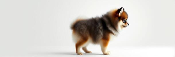 Fluffy Pomeranian Puppy Portrait on White Background - Adorable Small Dog with Cute Puppy Eyes photo